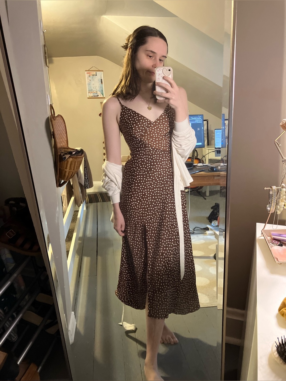 Brown Satiny dotted midi dress